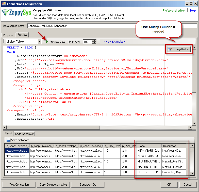 Preview SOAP API query using ZappySys XML Driver
