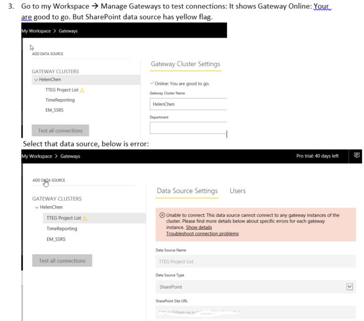 3. Check Manage Gateways Online but SharePoint datasource has error.PNG