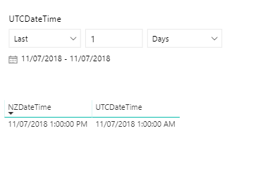 This shows that after converting the field to UTC and applying last 1 day slicer, 1 of my records is filtered out despite occurring on the same date NZ time.