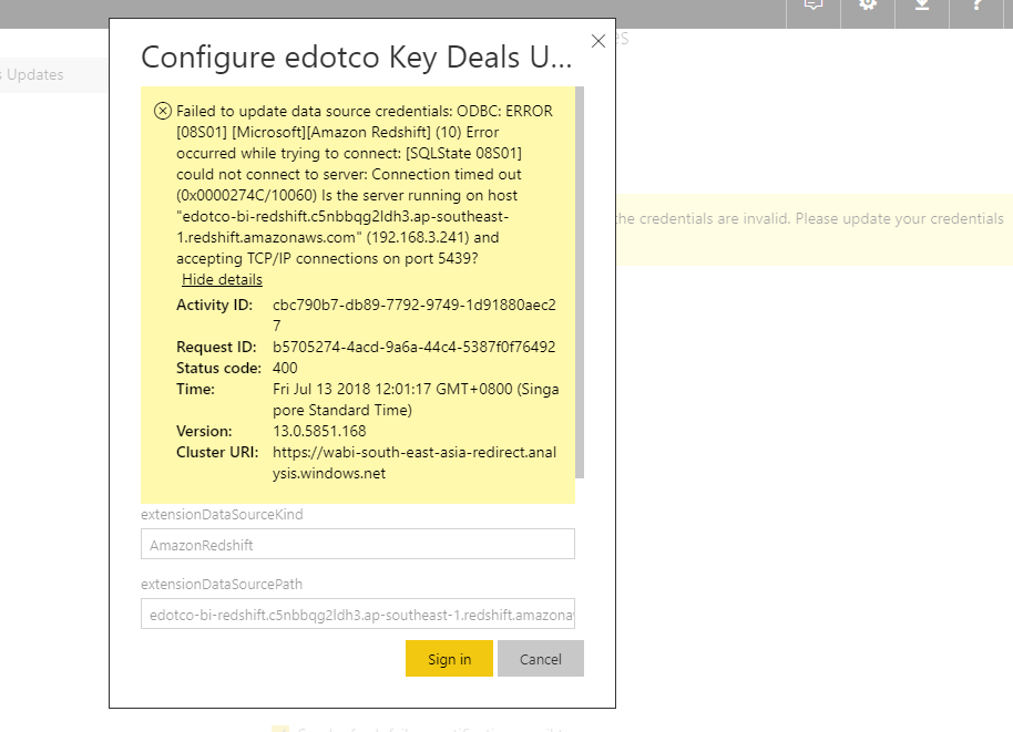 Connection to Redshift after publish Power BI work... - Microsoft ...