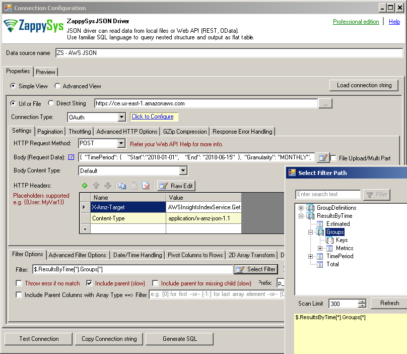 ZappySys ODBC JSON Driver - Configure REST API call