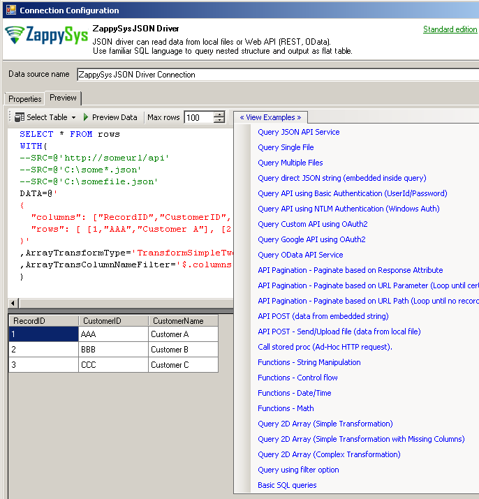 ZappySys ODBC JSON Driver - SQL Query Preview (Read from JSON / XML / CSV File or REST API