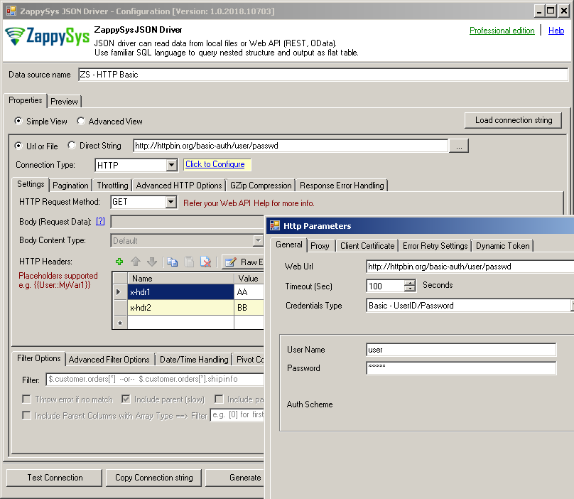 ODBC Driver - Configure API connection for JSON / XML / CSV API