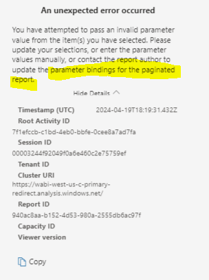 Paginated Report Parameters Error - Microsoft Fabric Community