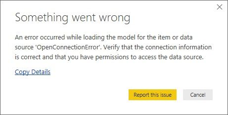 Error message after attempting to Get Data from Power BI Datasets