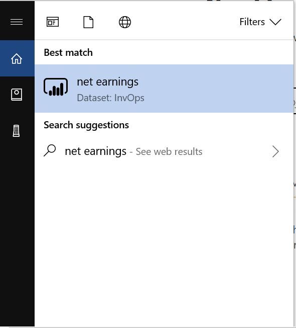 while typing net earnings, cortana shows the corresponding powerbi dataset