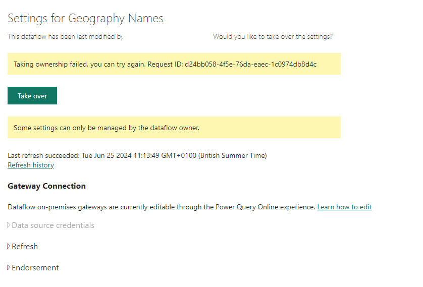 DataFlow gen 2 - failed to "Take Over" - Microsoft Fabric Community