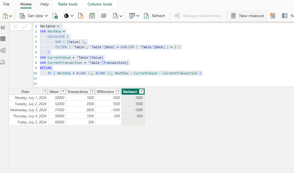 Solved: Calculating difference between 2 rows of data base ...