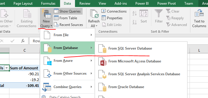 Use this option to connect to SQL in Excel