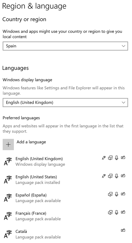 My language and regional settings. My display language is set to English (United Kingdom)