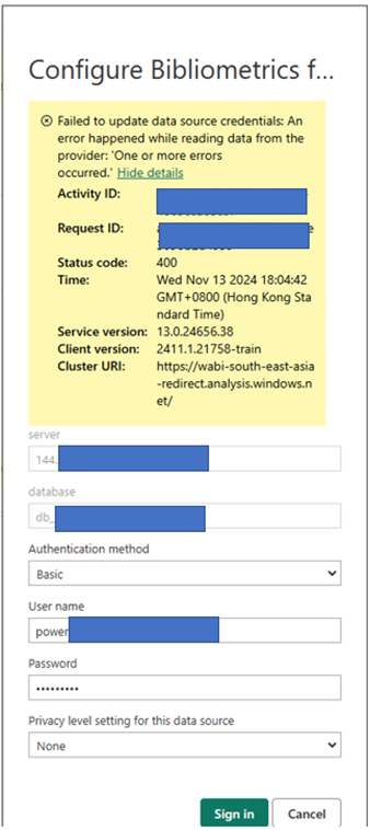 Failed to update data source credentials using web... - Microsoft ...