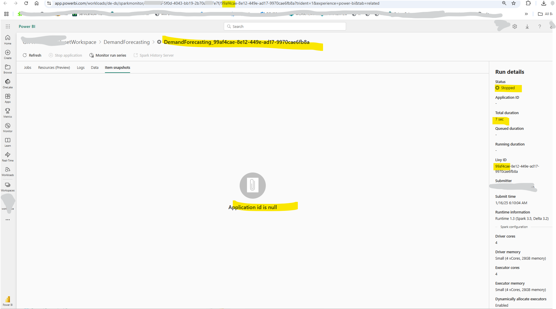Another spark pool error - Application id is null - Microsoft Fabric ...
