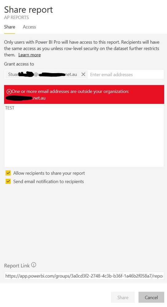 Share report option doenst allow external users?