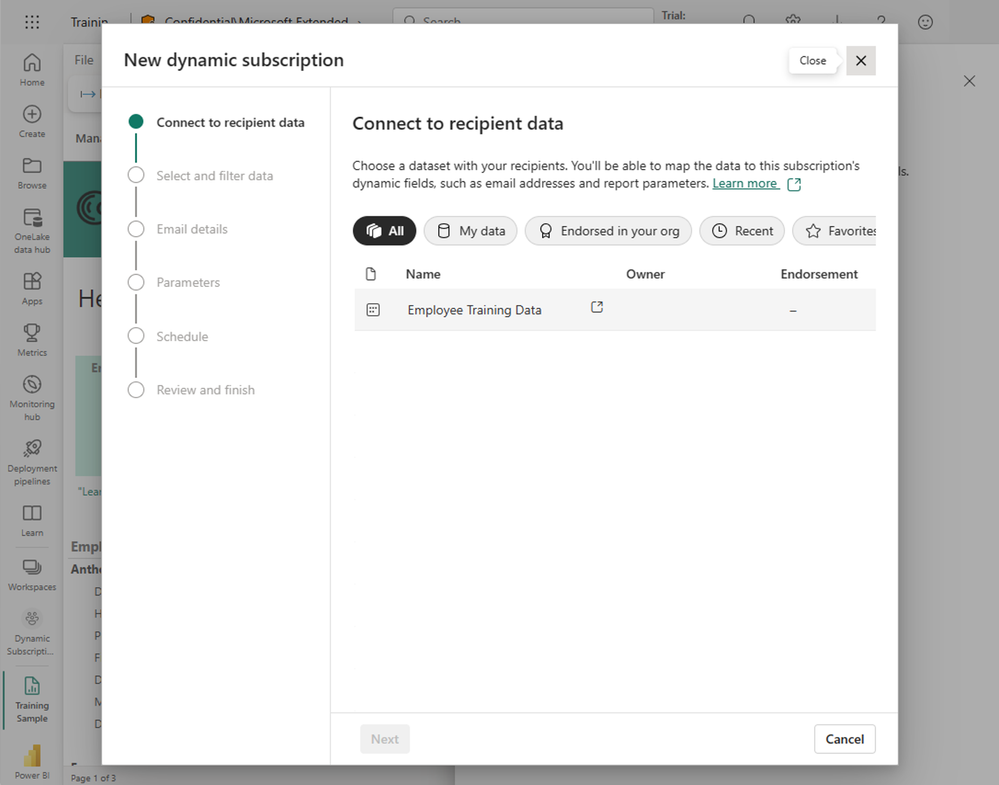 The_first_step_of_setting_up_a_dynamic_subscription_selecting_a_Power_BI_dataset