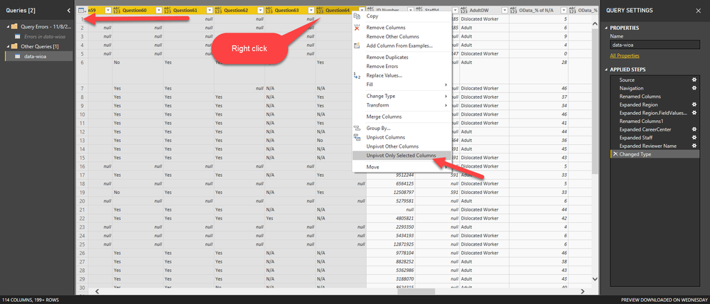 third step: select unpivot only selected columns