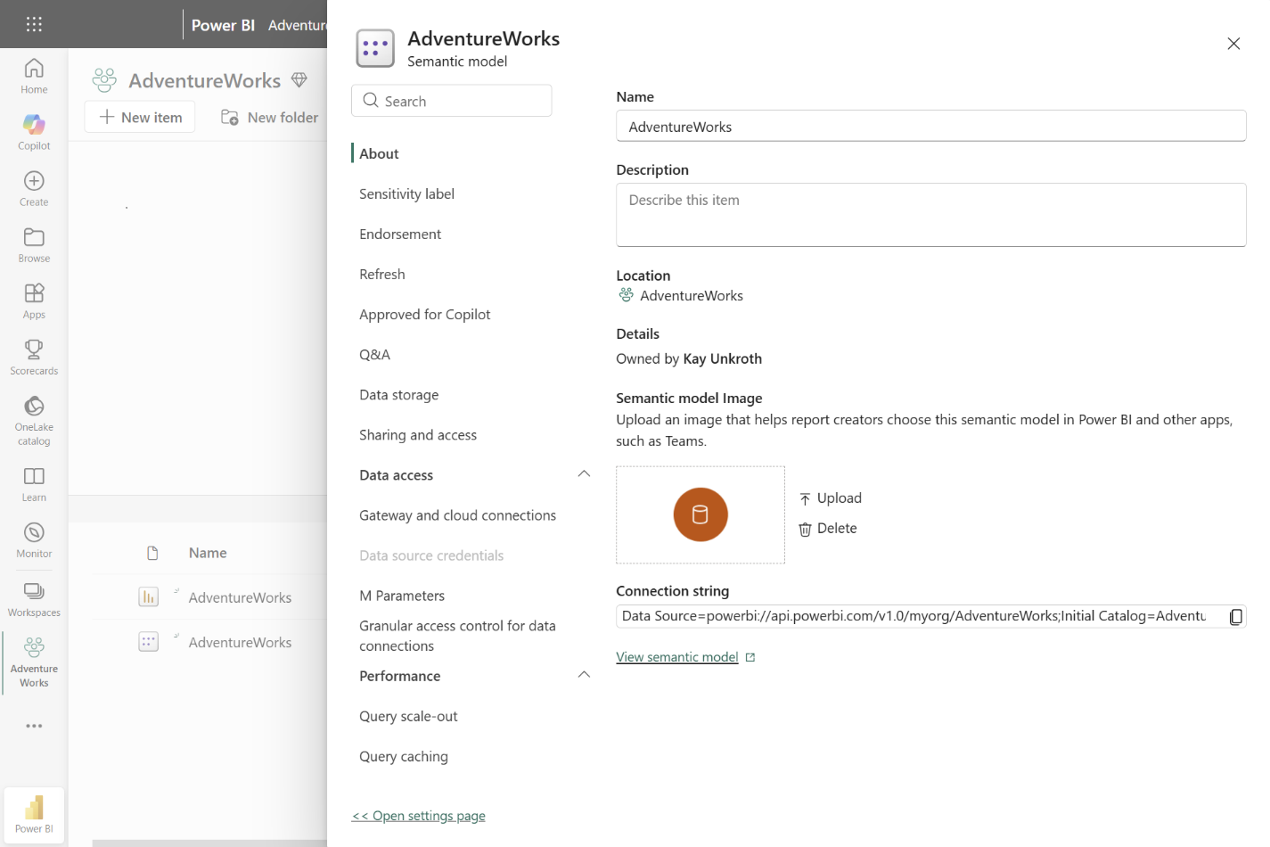 Semantic model settings pane (Preview)