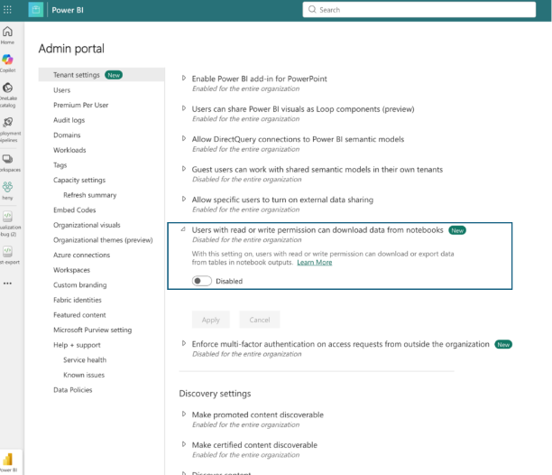Microsoft Fabric: exportcontroles voor notebooks