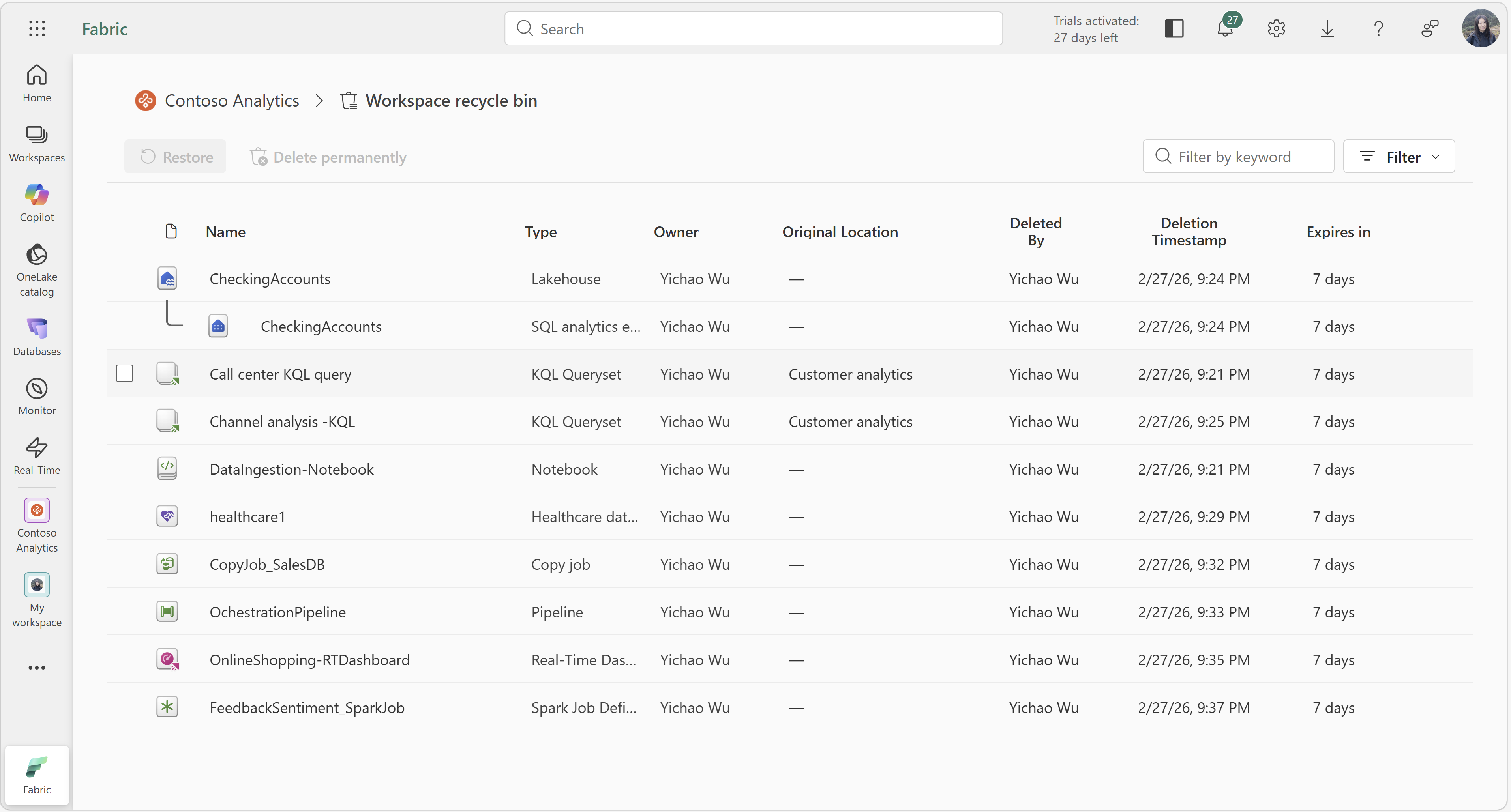 Microsoft Fabric: herstel van items algemeen beschikbaar