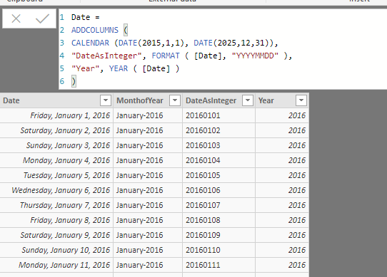 Formula to create date table