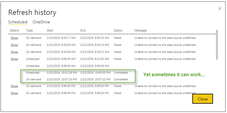 Power BI dataset refresh failed with "Unable to co... - Microsoft ...