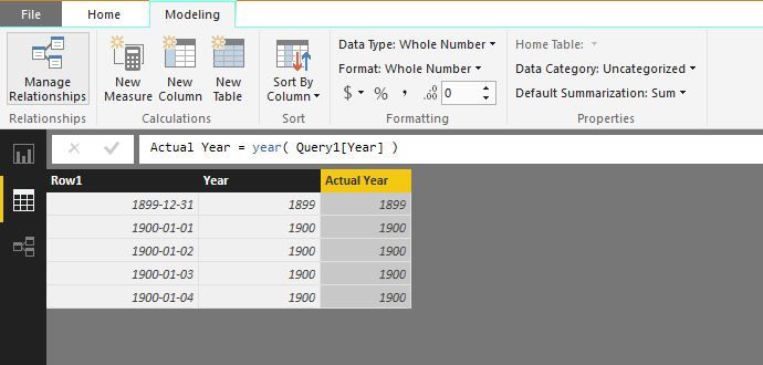 Note that this is YEAR( Query1[Year] ) - we're taking the year of a field that is formatted to display only year - we can do this because the data type is still date-time