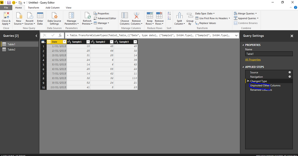 Select the Date column and Create a Query step - unpivot other columns