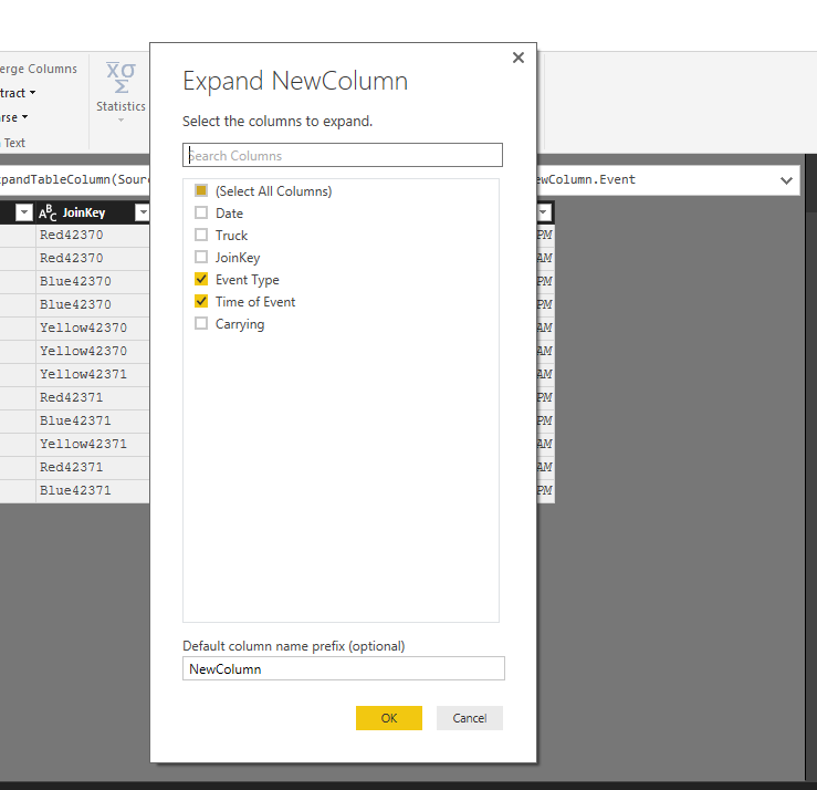 Expand the new column and select Event Type & Time of Event Checkboxes