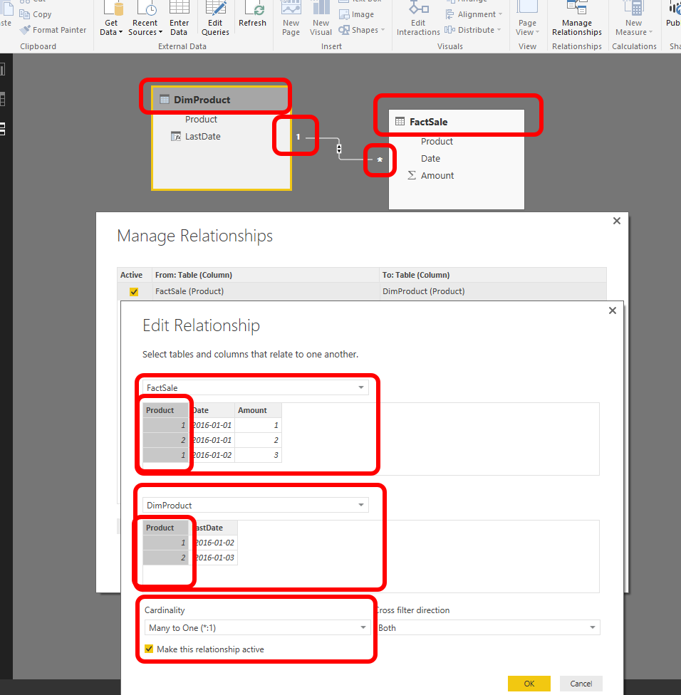 Note the * and 1 in the diagram view. Note the position of Fact on top and Relationship cardinality Many to one