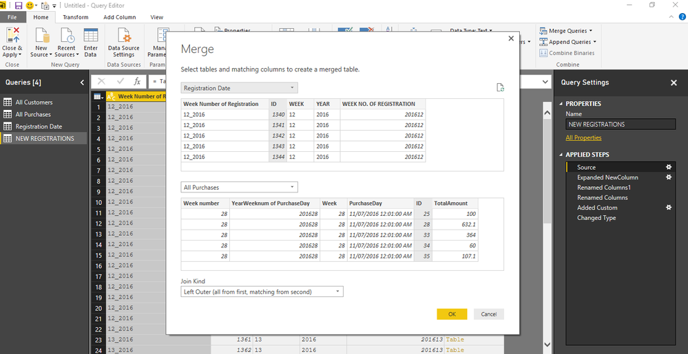 MERGE QUERIES(REGISTRATIONS DATE AND ALL PURCHASES)