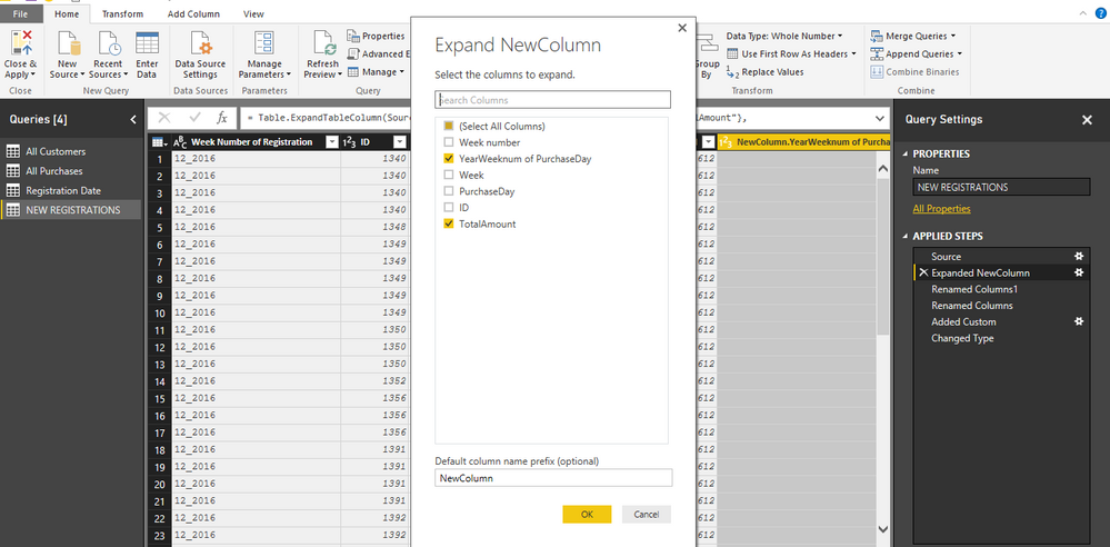 EXPAND COLUMN, SELECT  WEEK NUMBER OF PURCHASES AND TOTAL AMOUNT