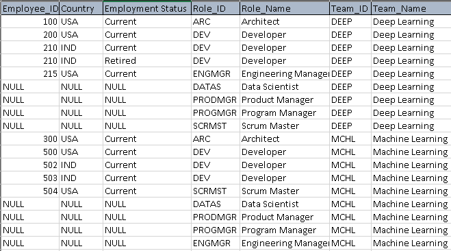 Joined table of Employee + Role + Team