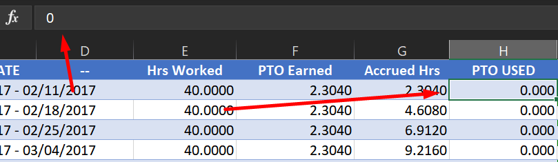 PTO Used  Column - Given value