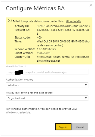 Error message after trying update Windows Credentials.