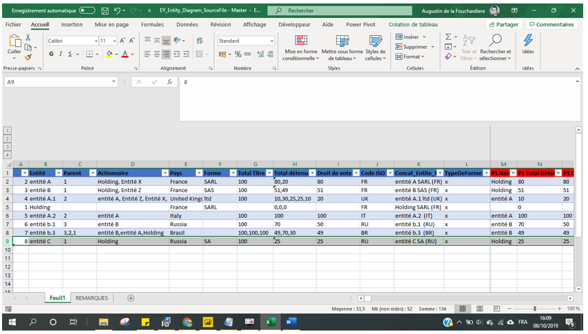 This is your Excel source file. If an entity has several parents, just enter the attributes in the same column, separated by commas, i.e. cell D8 contains "Entité B, Entité A, Holding", 3 values of the "Actionnaire" attribute.
