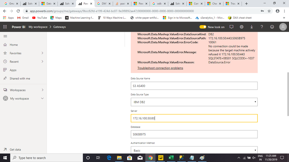 Connection error is Power BI gateway. Same error comes through get data source as well