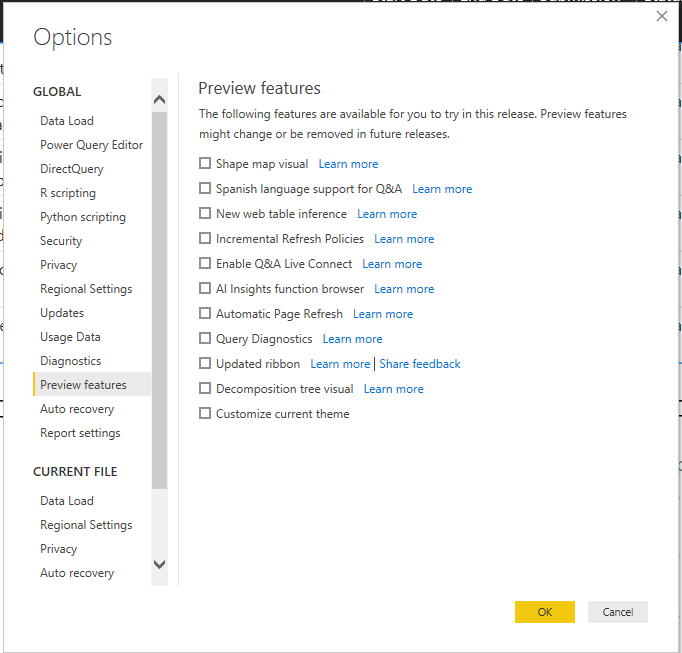 Preview Features PowerBI