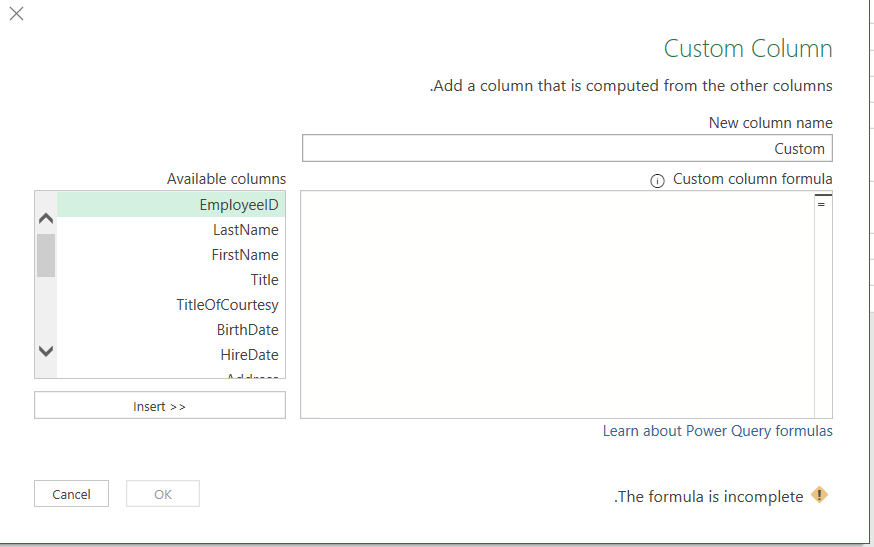 Solved: Can't write custom column formula - Microsoft Fabric Community
