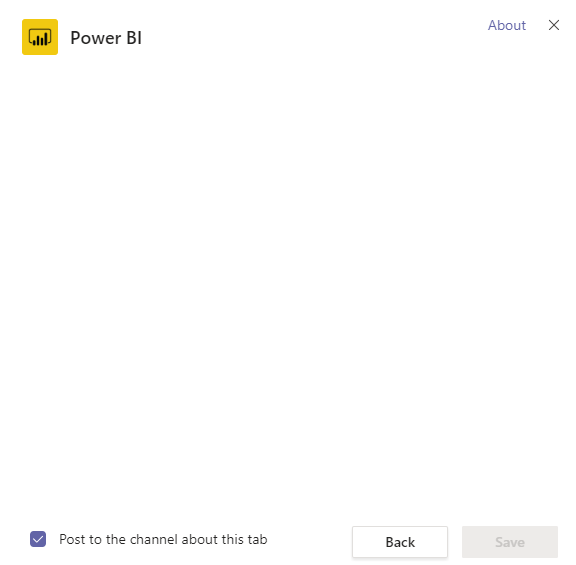 This is what we see after we click on "Add a tab" and select "Power BI"