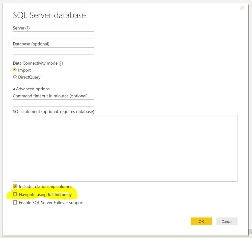 SQL data selector. Highlighted is Navigate using full Hierachy