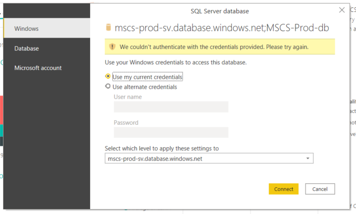 Authentication error with Azure DB - Microsoft Fabric Community