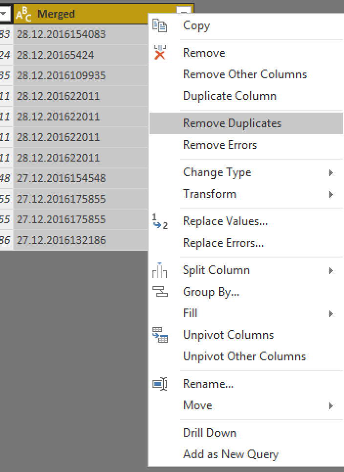 the rest of things is choose Merged column and select Remove Duplicates