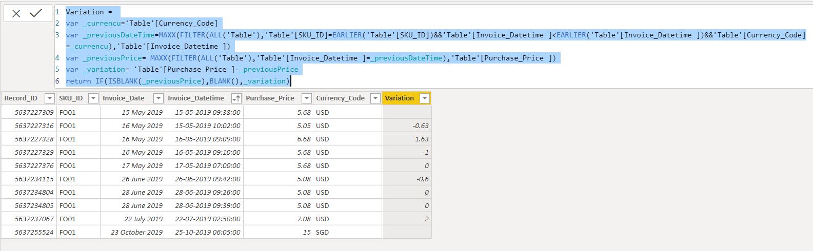 Calculation price variance over time - Microsoft Fabric Community