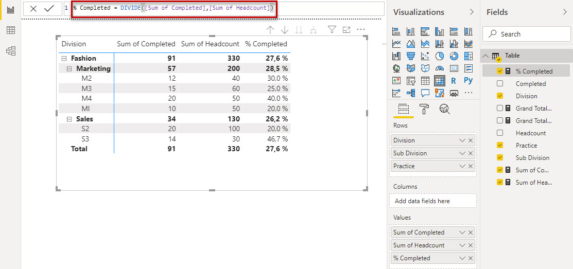 Solved: How to get a percentage column in matrix table - Microsoft ...