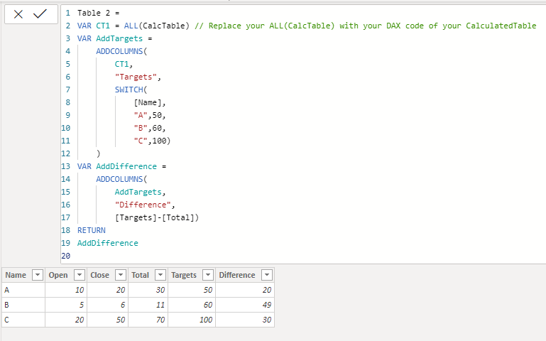 Add target column to calculated table - Microsoft Fabric Community