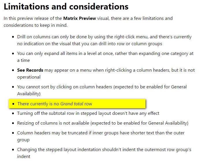 Grand total not generated in the rows for Matrix Preview feature March 2017 PBI Desktop_1.jpg