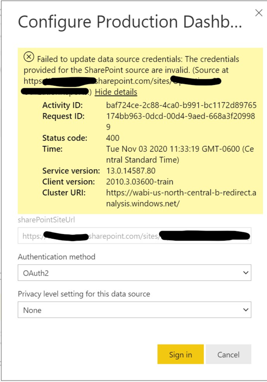 Error with Sharepoint datasource on PBI service - Microsoft Fabric ...