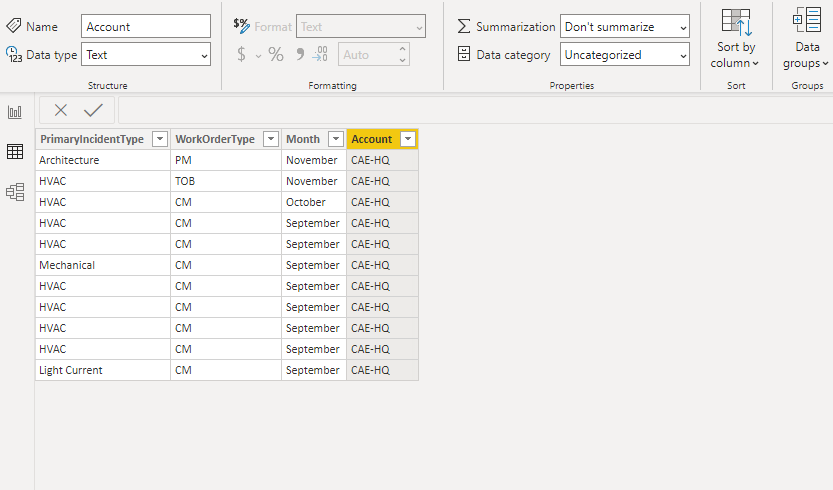 Power BI Data Table