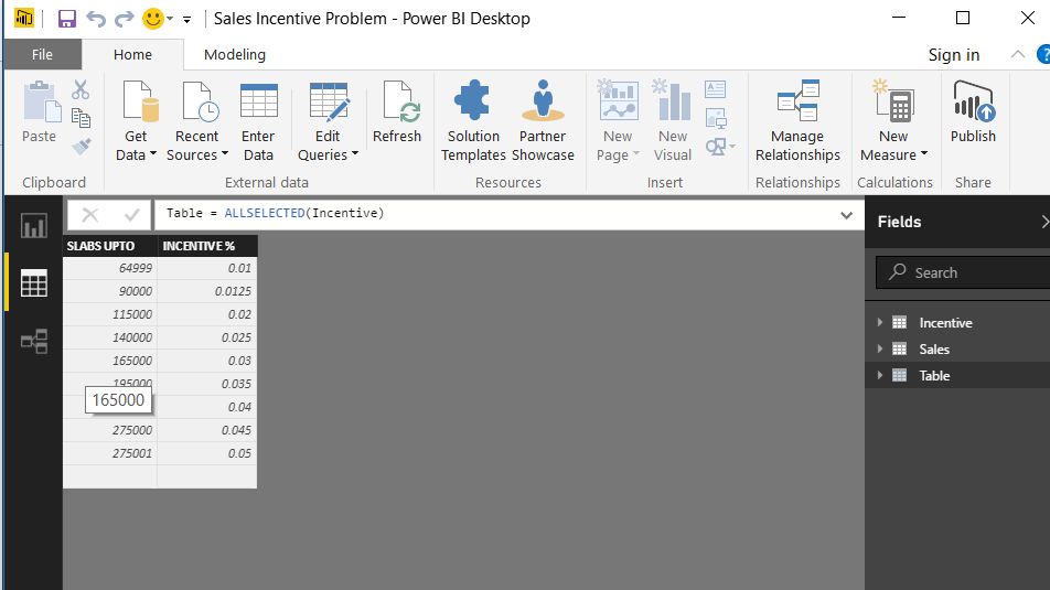 The extra row in the new table with 'AllSelected' Function