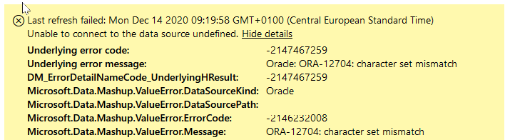 Solved: Error Oracle ORA-12704 character set mismatch when... - Microsoft  Fabric Community