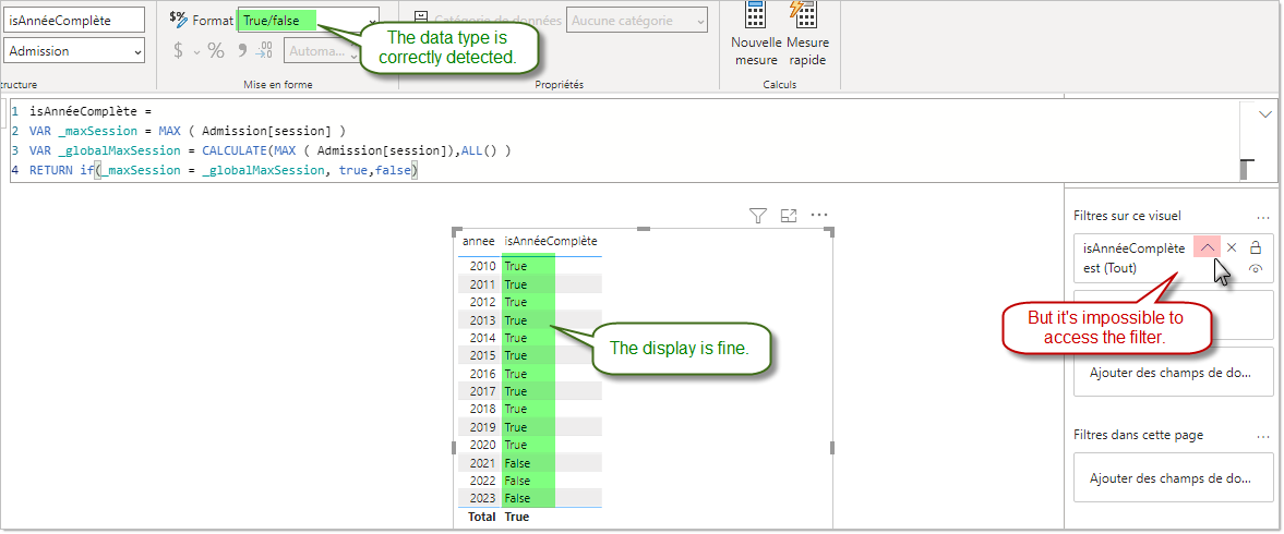 Solved: True/False DAX filter not working - Microsoft Fabric Community